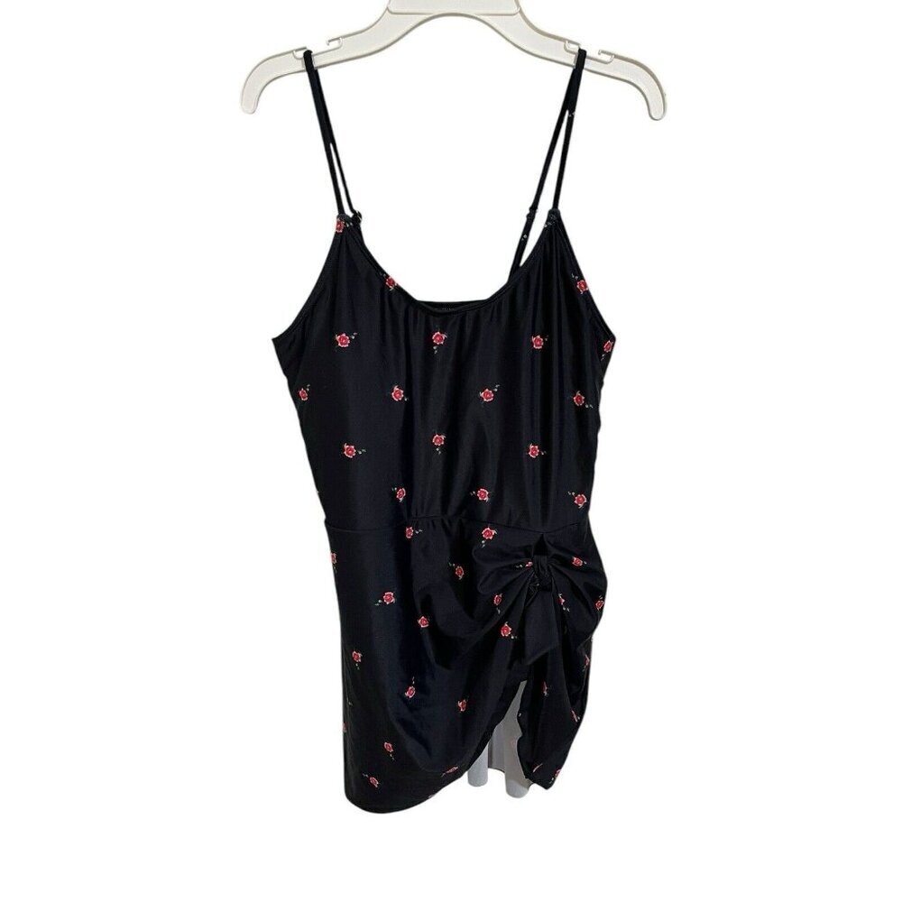 Women's Large Black Floral One Piece Bathing Suit Pink Roses Spaghetti Strap